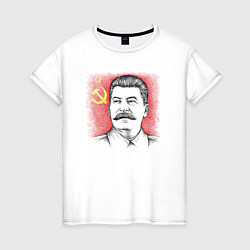 Футболка хлопковая женская Сталин с флагом СССР, цвет: белый