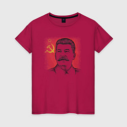 Футболка хлопковая женская Сталин с флагом СССР, цвет: маджента