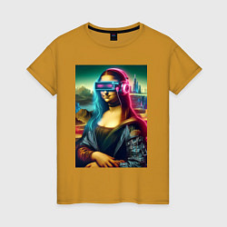 Футболка хлопковая женская Мона Лиза в виртуальном шлеме, цвет: горчичный