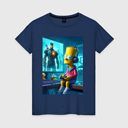 Футболка хлопковая женская Bart Simpson is an avid gamer, цвет: тёмно-синий