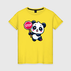 Футболка хлопковая женская Милая панда со знаком стоп, цвет: желтый