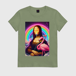 Футболка хлопковая женская Мона Лиза - лампочка и розовый фламинго, цвет: авокадо