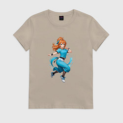 Футболка хлопковая женская Аниме - девушка в танце, цвет: миндальный