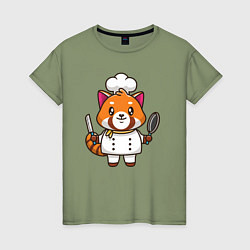 Футболка хлопковая женская Красная панда повар, цвет: авокадо
