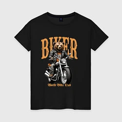Футболка хлопковая женская Байкер медведь на мотоцикле, цвет: черный