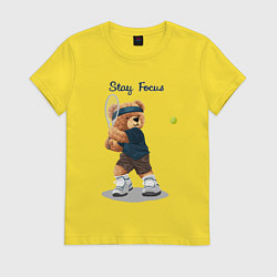 Футболка хлопковая женская Плюшевый медвежонок играет в теннис, цвет: желтый