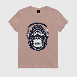 Футболка хлопковая женская Горилла в наушниках, цвет: пыльно-розовый