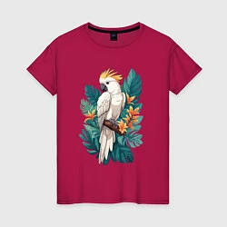 Футболка хлопковая женская Попугай какаду и тропические листья, цвет: маджента