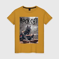 Футболка хлопковая женская Rock cat - ai art, цвет: горчичный