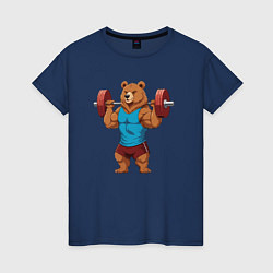 Футболка хлопковая женская Медведь со штангой, цвет: тёмно-синий