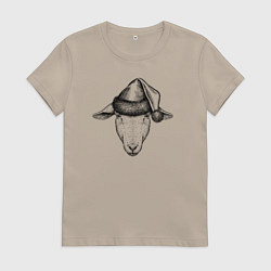 Футболка хлопковая женская Овца в новогоднем колпаке, цвет: миндальный