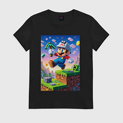 Футболка хлопковая женская Марио и Майнкрафт - коллаба, цвет: черный
