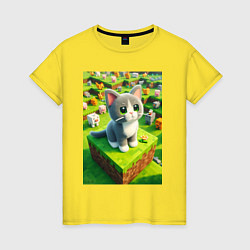 Футболка хлопковая женская Funny kitten - Minecraft ai art, цвет: желтый