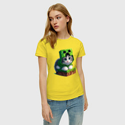 Футболка хлопковая женская Kitten creeper collaboration - ai art, цвет: желтый — фото 2