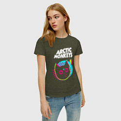 Футболка хлопковая женская Arctic Monkeys rock star cat, цвет: меланж-хаки — фото 2