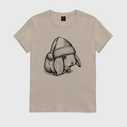 Футболка хлопковая женская Новогодний зайчишка, цвет: миндальный