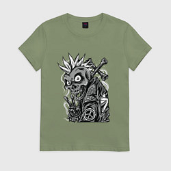 Футболка хлопковая женская Скелет панк пацифист, цвет: авокадо