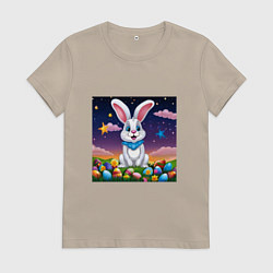 Футболка хлопковая женская Кролик под звёздами, цвет: миндальный