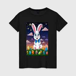 Футболка хлопковая женская Заяц в бабочке под небом, цвет: черный
