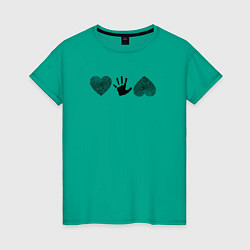 Футболка хлопковая женская Рука между двух сердец, цвет: зеленый