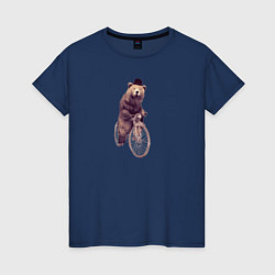 Футболка хлопковая женская Медведь на велосипеде, цвет: тёмно-синий