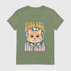 Футболка хлопковая женская Винтажный рыжий кот пацифист, цвет: авокадо