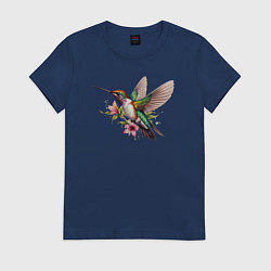 Футболка хлопковая женская Колибри на цветке, цвет: тёмно-синий
