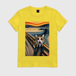 Футболка хлопковая женская Кошка кричит - мем нейросеть, цвет: желтый