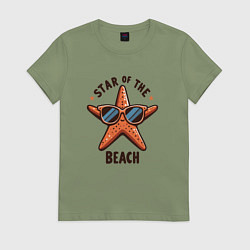Футболка хлопковая женская Морская звезда в солнечных очках звезда пляжа, цвет: авокадо