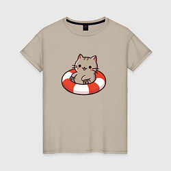 Футболка хлопковая женская Забавный милый котик плавает в надувном круге, цвет: миндальный