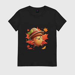 Футболка хлопковая женская Веселый желудь на прогулке в листопад, цвет: черный