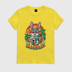 Футболка хлопковая женская Заяц играет на гитаре жарким летом, цвет: желтый