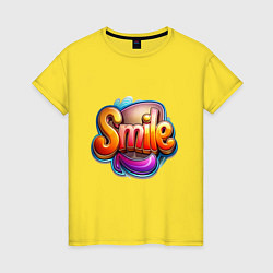 Футболка хлопковая женская Текст smile, цвет: желтый