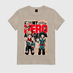 Футболка хлопковая женская Моя геройская академия Кацуки Бакуго коллаж Идзуку, цвет: миндальный