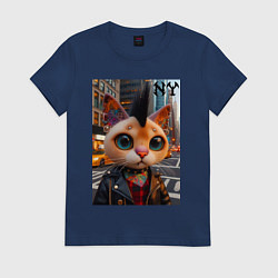 Футболка хлопковая женская Глазастый котёнок панк из Нью-Йорка - нейросеть, цвет: тёмно-синий