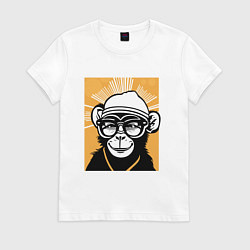 Футболка хлопковая женская Обезьяна и очки, цвет: белый