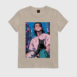 Футболка хлопковая женская Магическая битва Сугуру Гэто с котами, цвет: миндальный