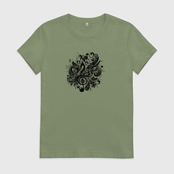 Футболка хлопковая женская Орнамент со скрипичным ключом тату стиль, цвет: авокадо
