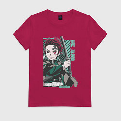 Футболка хлопковая женская Клинок рассекающий демонов Тандзиро зеленый, цвет: маджента