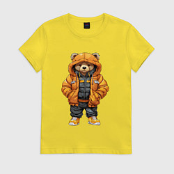Футболка хлопковая женская Медведь в тёплой куртке, цвет: желтый