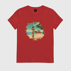 Футболка хлопковая женская Девушка с яхтой на пляже, цвет: красный