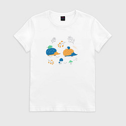 Футболка хлопковая женская Ежики в лесу с веточками и грибами, цвет: белый