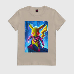 Футболка хлопковая женская Neon Pikachu - cyberpunk horror, цвет: миндальный