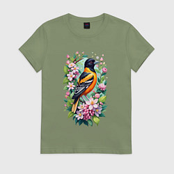 Футболка хлопковая женская Балтиморская иволга среди цветов, цвет: авокадо
