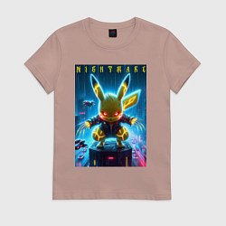 Футболка хлопковая женская Cyber Pikachu - neon glow ai art, цвет: пыльно-розовый