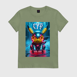 Футболка хлопковая женская Прикольный кибер Пикачу в шлеме - нейроарт, цвет: авокадо