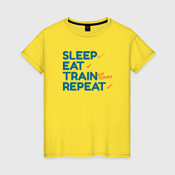 Футболка хлопковая женская Eat sleep train repeat - blue and red, цвет: желтый