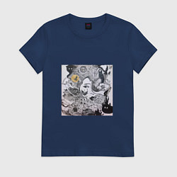 Футболка хлопковая женская Лицо в абстракционистском стиле и животные, цвет: тёмно-синий