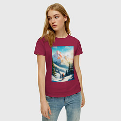 Футболка хлопковая женская Лыжник в горах, цвет: маджента — фото 2