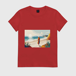Женская футболка Летний пейзаж с женщиной на пляже